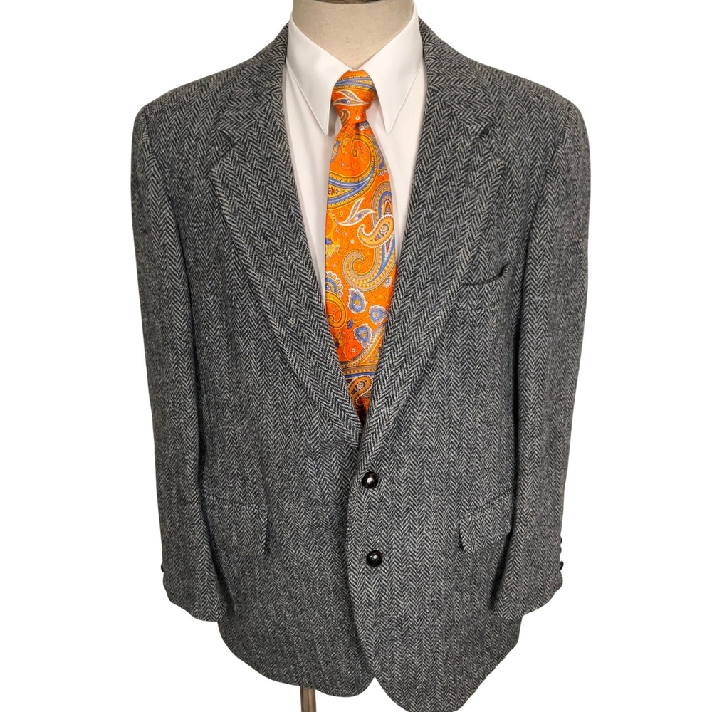 Stafford Harris Tweed Blazer Mens 44R Gray Blue Herringbone Scottish Wool USA